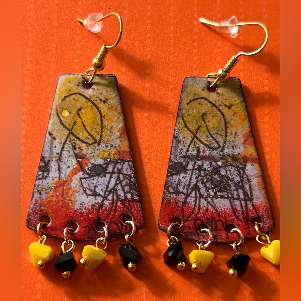 Earrings NWOT Artisan “Alien Pods”, enamel Copper, red yellow black, crystals 3”